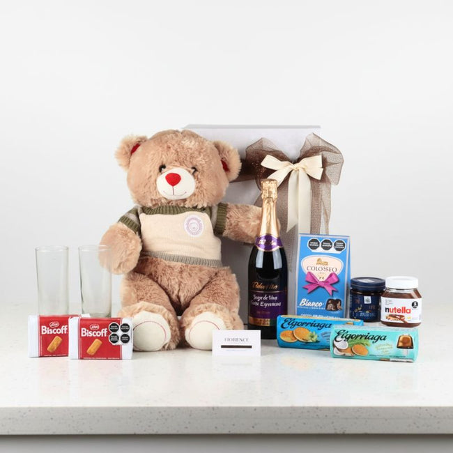 Gift Set with Teddy Bear, Chocolates and Sparkling Wine
