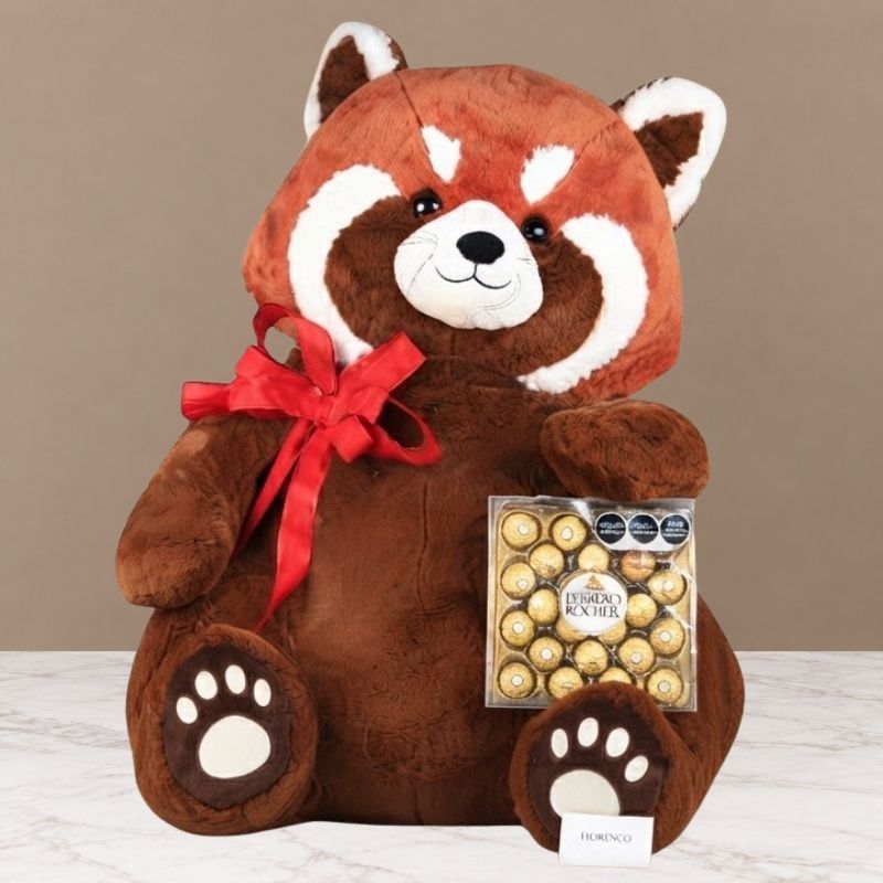 Regalo con peluche de panda rojo y chocolates Ferrero Rocher