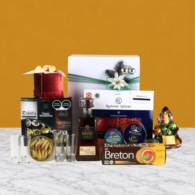 Caja Navideña de Regalo Tequila 1800 Añejo Gourmet y Productos Gourmet