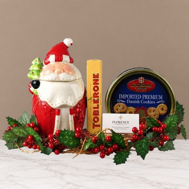 Ceramic Santa Claus Cookie Jar with Cookies and Toblerone