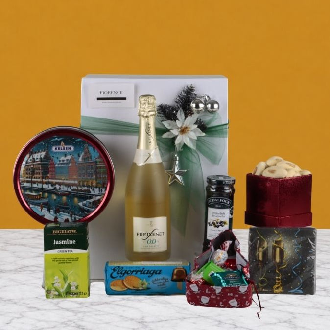 Luxury Alcohol-Free Christmas Gift Box with Freixenet Blanco, Cookies, Tea, and Gourmet Jam 