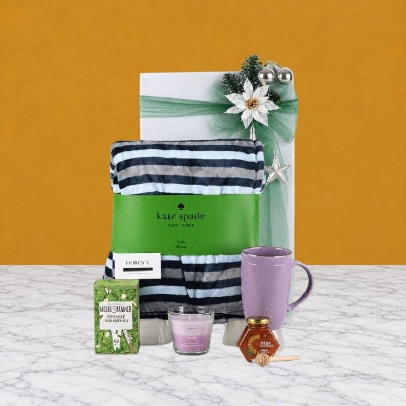 Cozy Moments Christmas Gift Set: Kate Spade Blanket, Tea, and Honey