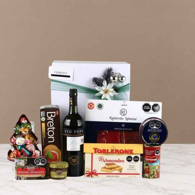 Caja de Regalo Navideña con Jerez Español Tío Pepe Palomino Fino y Charcutería