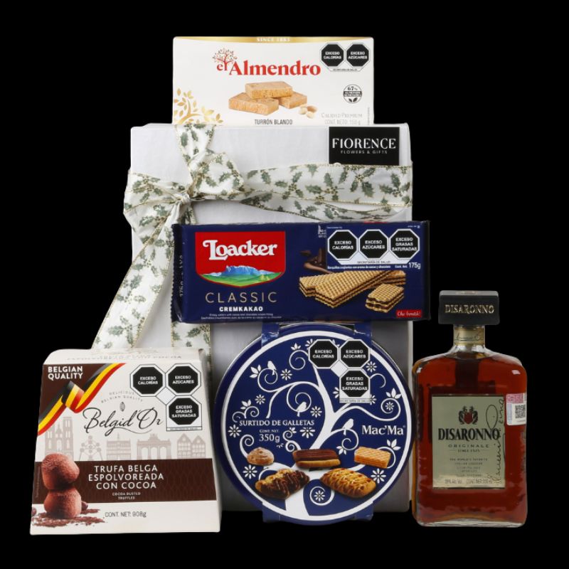 Regalo Navideño con Licor Italiano Amaretto Disaronno, Trufas y Galletas