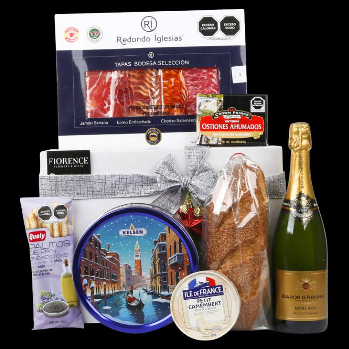 Regalo Navideño Gourmet con Vino Espumoso Baron D'Arignac