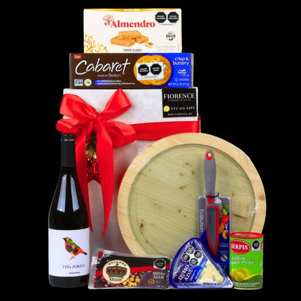 Regalo Navideño Gourmet con Tabla para botanas, Vino Tinto y Más
