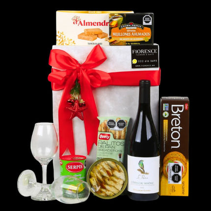 Caja de Regalo Navideño con Vino Tinto Francés y selección gourmet