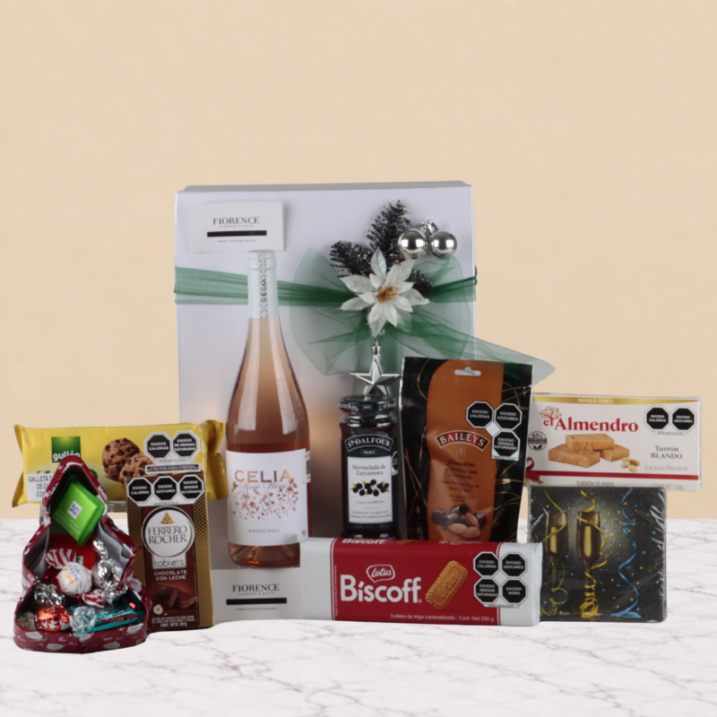 Caja Navideña Rosé Gourmet | Vino Celia, Ferrero Rocher & Bocadillos Selectos