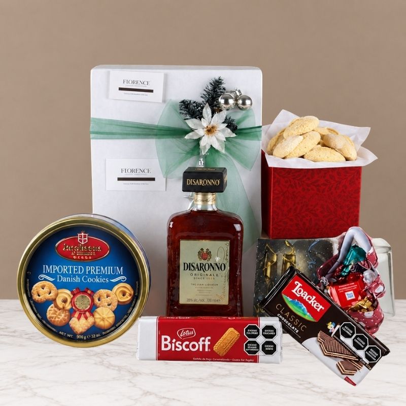 Regalo Navideño con Licor Italiano Amaretto Disaronno y Galletas