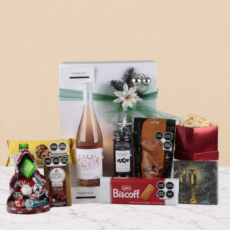 Caja Navideña Rosé Gourmet | Vino Celia, Ferrero Rocher & Bocadillos Selectos