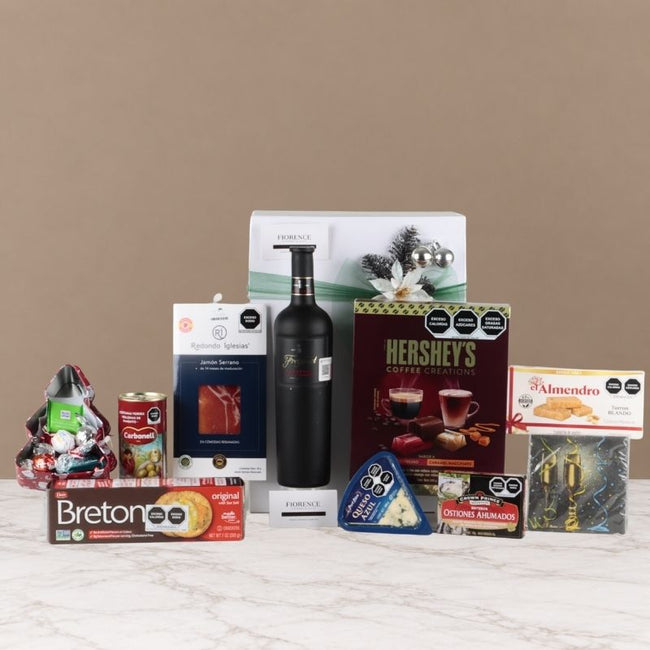 Gourmet Christmas Box for Him: Freixenet Red Wine, Serrano Ham, Cheese, and Coffee Chocolates