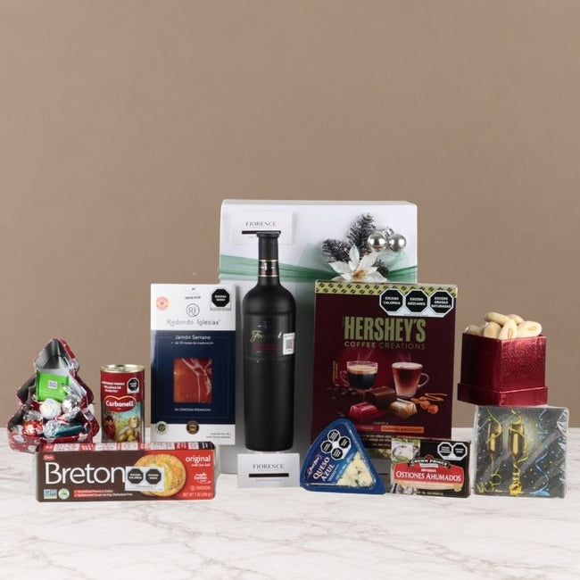 Gourmet Christmas Box for Him: Freixenet Red Wine, Serrano Ham, Cheese, and Coffee Chocolates
