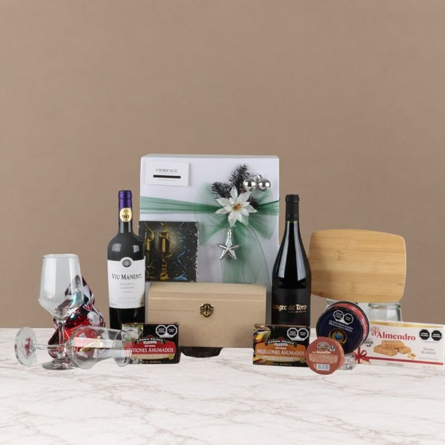 Christmas Gift Box with Red Wine Bottles and Gourmet Selection