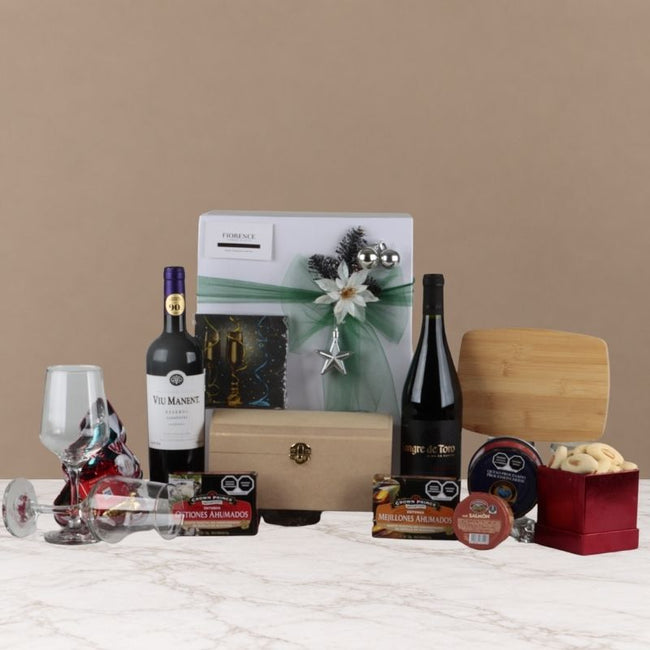 Christmas Gift Box with Red Wine Bottles and Gourmet Selection