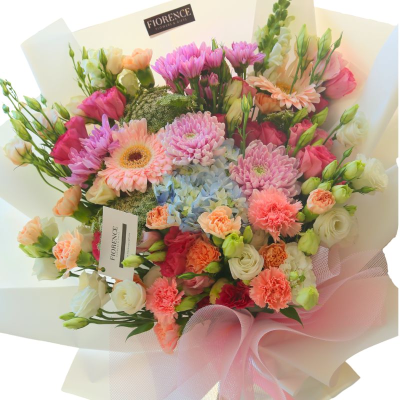 Ramo Lucía - Ramo con gerberas, lisianthus y hortensias