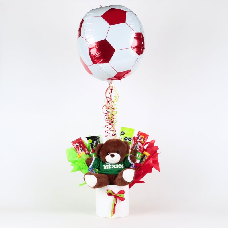 “México” Candy Bouquet with Custom Soccer Bear, Sweets & Balloon