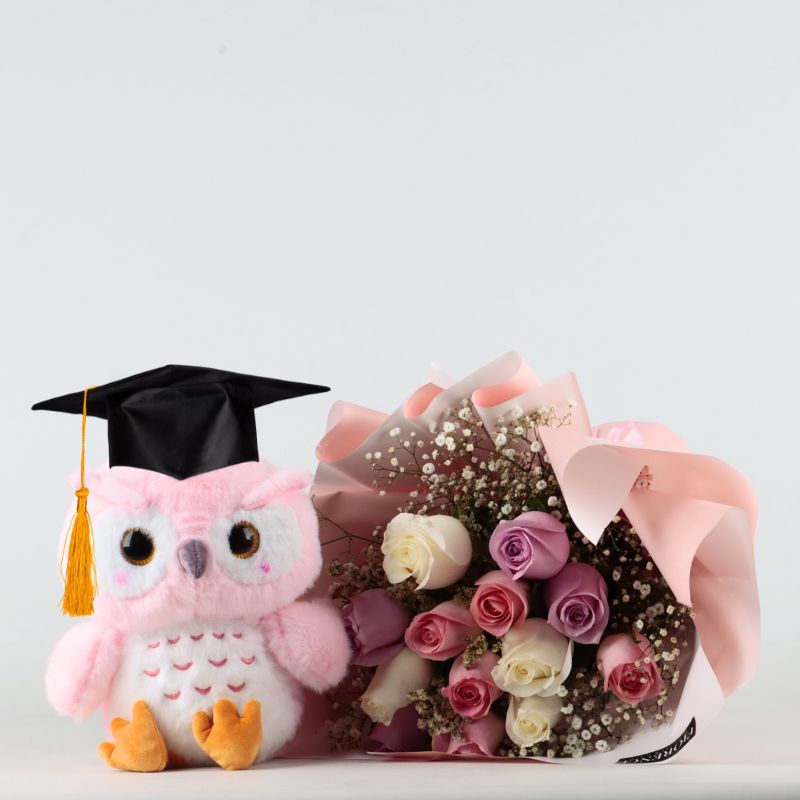 Graduation Combo: Pink Owl Plush & Pastel Rose Bouquet