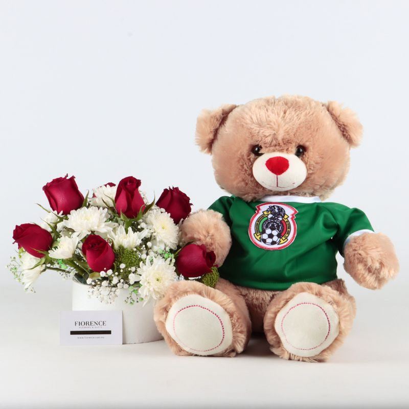 “Amor y Fútbol “ Gift Set: Mexico Soccer Bear & Red Roses Bouquet