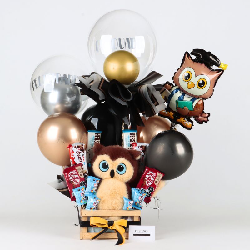 Graduation Crate: Owl Plush, Premium Chocolates & Balloons