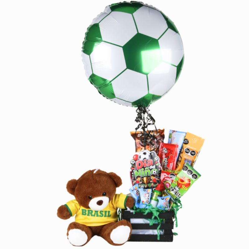 “Brazil” Candy Bouquet with Custom Soccer Bear, Sweets & Balloon