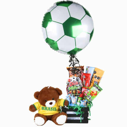 Candy Bouquet “Brasil” con Oso Futbolista Personalizado, Dulces y Globo