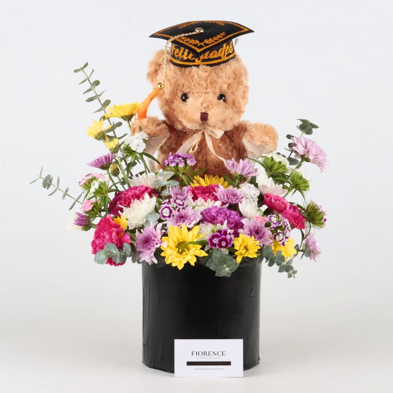 Graduation Flower Box: Plush Bear & Vibrant Mix