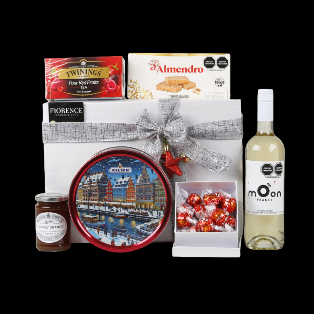 Regalo Navideño Gourmet con Vino Blanco Sin Alcohol, Galletas y Más