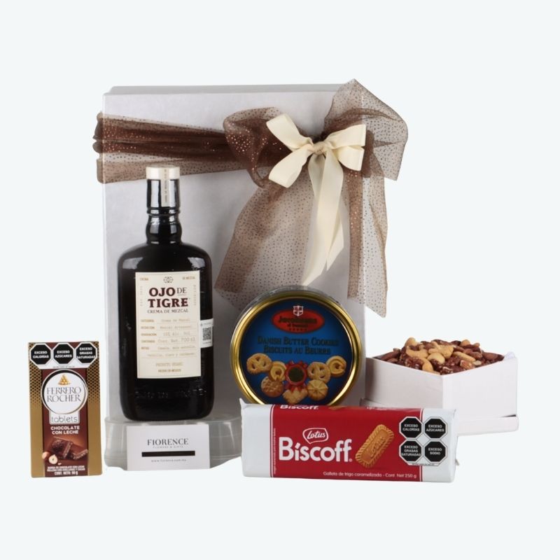 Cesta de Lujo Mezcal Ojo de Tigre con Selección Dulce y Frutos Secos